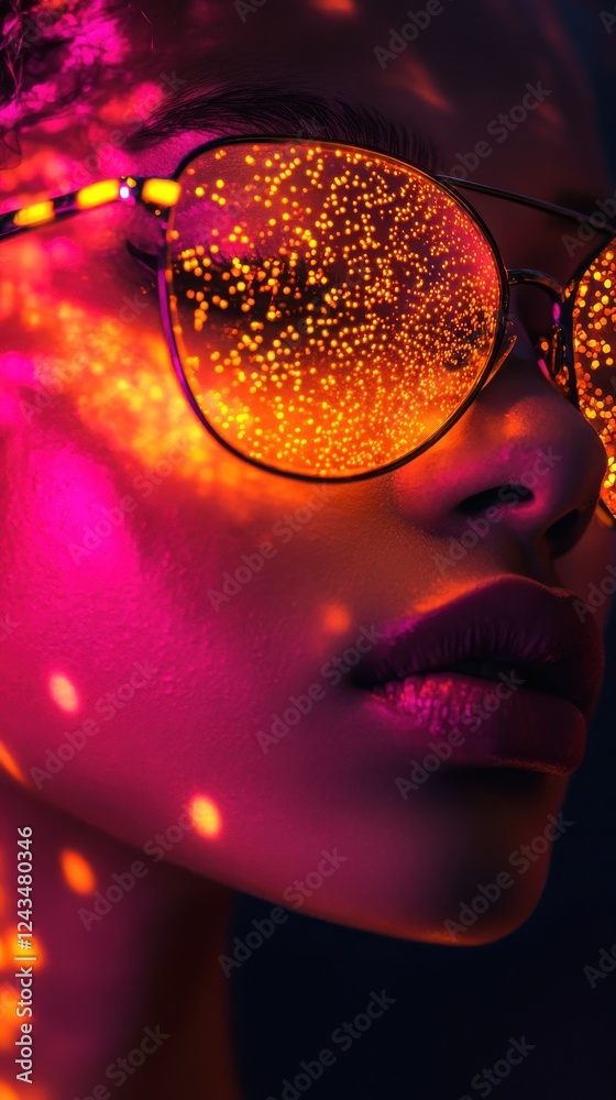 Poster bright colors shine through unique sunglasses while capturing a moment of contemporary style and art
