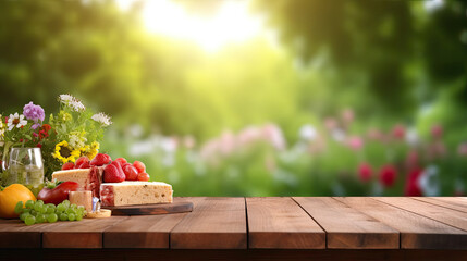 Summer picnic on wooden table in a garden with cheese, fruit, and flowers
