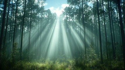 Obraz premium Warm sunlight beams filtering through the green forest, casting soft golden rays onto the ground. A serene and natural scene ideal for showcasing the beauty and tranquility of the outdoors.