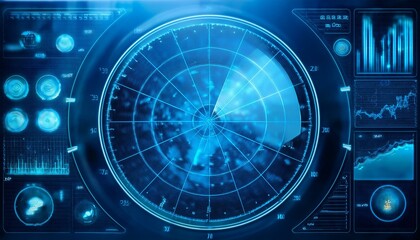 Obraz premium futuristic digital interface with a radar screen showing data and graphs. The screen is glowing with blue light, creating a sense of energy and technological advancement