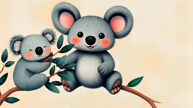 Cute Koala Hugging Eucalyptus Tree Branch in Simple Illustration with Soft Pastel Colors and Minimalist Style for Kids Room Decor and Nature-Themed Design Concepts