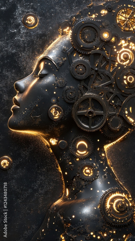 Poster mystical profile of a woman adorned with intricate gears and glowing elements in a dark, abstract ba