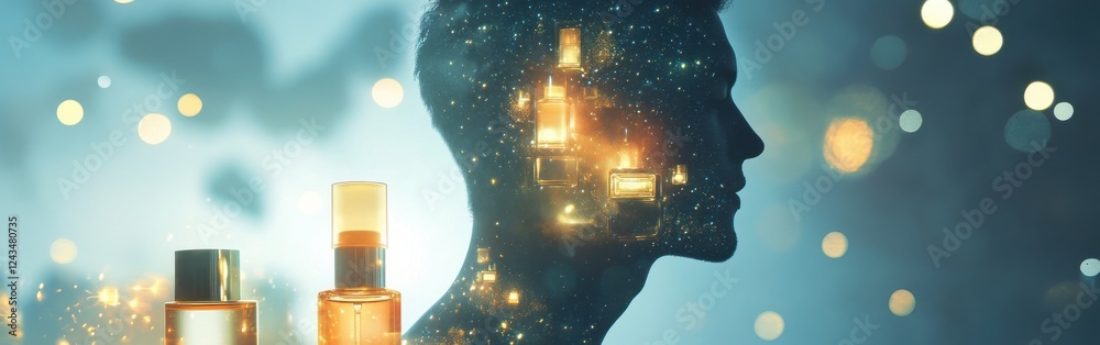 Poster mystical silhouette of a man illuminated by glowing elements against a dreamy background