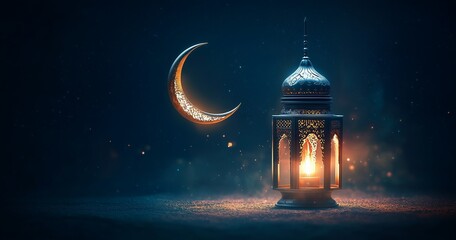 Crescent Moon with Lanterns in a Mystical Night Scene, Background for Digital Art, Illustration for Ramadan Kareem
