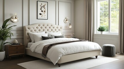 Cozy and Inviting Bedroom Featuring a Comfortable Bed Surrounded by Lush Green Plant Life Creating a Peaceful Atmosphere Ideal for Relaxation and Restful Sleep in a Modern Home Decor