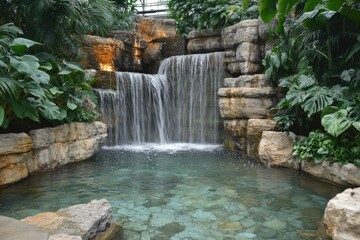 Naklejka premium Serene Waterfall Surrounded by Tropical Plants in Garden Setting