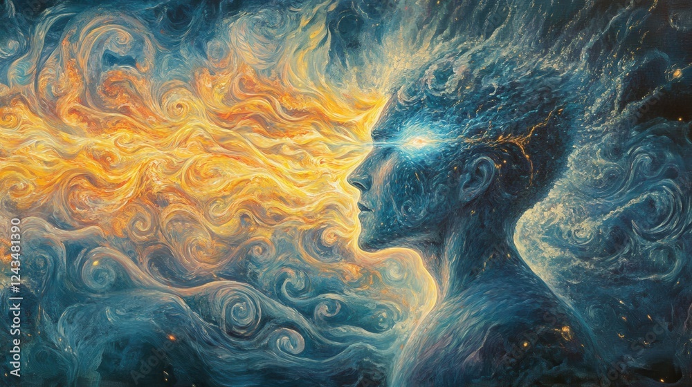 Poster mysterious profile of a man surrounded by vibrant flames and swirling clouds in a dreamlike atmosphe