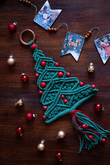 Christmas decoration macrame tree on the table top view