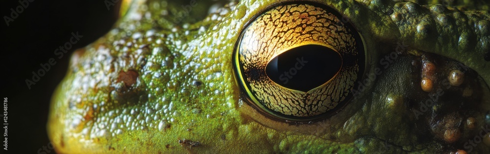 Poster Macro capture of a vibrant tree frog's face showcasing intricate eye patterns and textured skin in a natural setting
