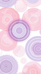 A whimsical pattern of circular designs in pastel colors, featuring shades of pink and purple on a light background.