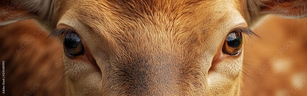 Poster macro capture of a deer's face showcasing intricate details and expressive eyes in natural surroundi