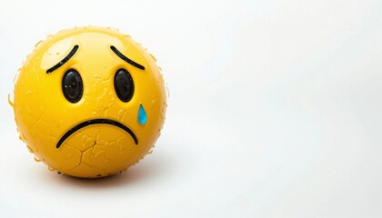 A sad yellow emoji face with a single tear drop falling down, expressing sadness and sorrow on a white background. 