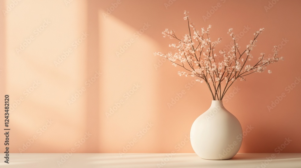 Poster elegant vase with delicate flowers against a light peach background enhancing a calm atmosphere