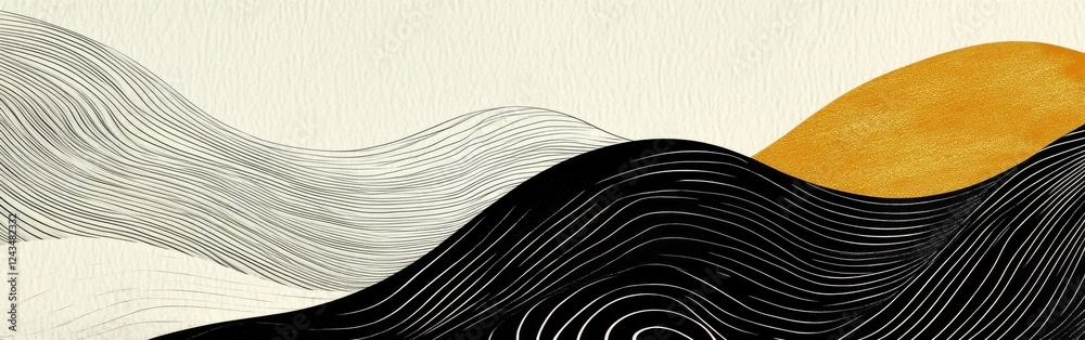 Poster high-contrast wave pattern in black and white with a hint of gold showcasing dynamic lines and textu