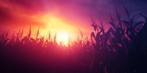 Naklejka premium Silhouetted corn stalks at sunset vibrant sky
