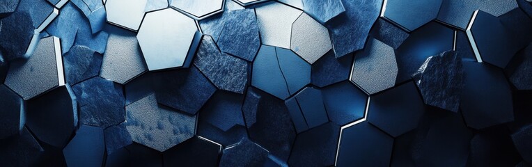 High-tech abstract composition showcasing interlocking hexagonal shapes in a gradient of blue tones
