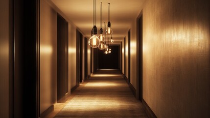 Stylish hallway illuminated by a row of suspended Edison bulbs creating a warm and inviting atmosphere