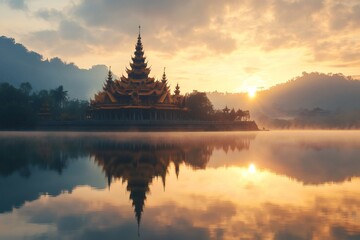 Fototapeta premium Karaweik palace reflecting on kandawgyi lake at sunrise in yangon, myanmar