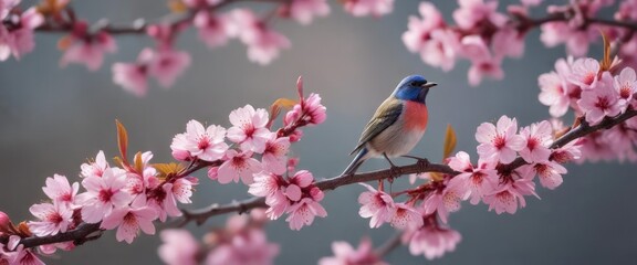 Fototapeta premium Tiny bird perched on pink cherry blossom branch, taiwan cherry blossoms, bird feeding