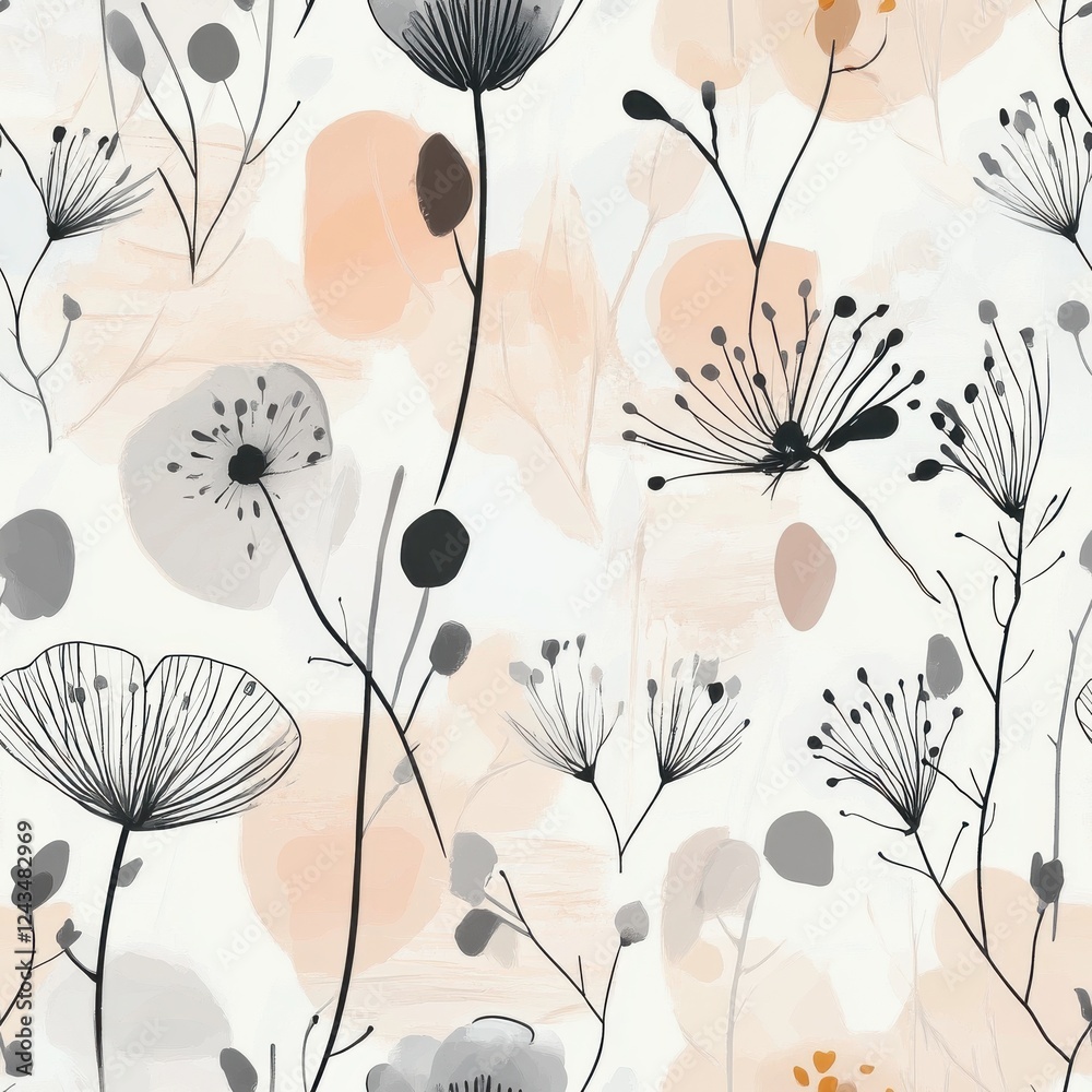 Poster gentle watercolor doodle designs showcase delicate flowers on a soft background in a whimsical patte