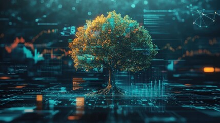 Futuristic financial representation blending nature and technology with a glowing tree amid digital graphs