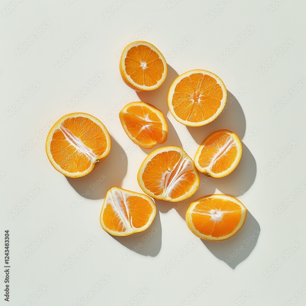 Poster Freshly sliced orange segments arranged neatly on a light background for a vibrant and healthy display