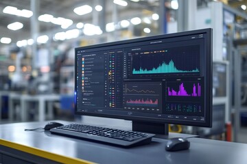 Computer showing production monitoring software with graphs and statistics in a factory