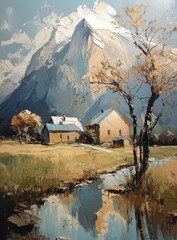 Autumnal Landscape Painting Two Houses by a Calm River Reflecting a Majestic Mountain