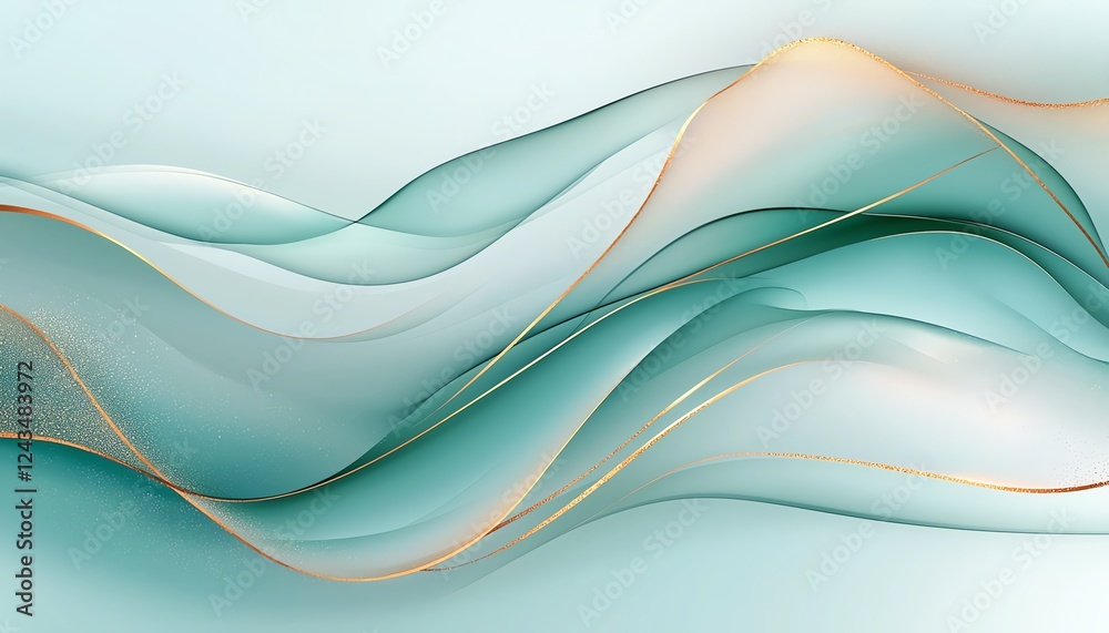 Poster this abstract design features flowing waves of soft teal and gold hues, creating a serene and calmin