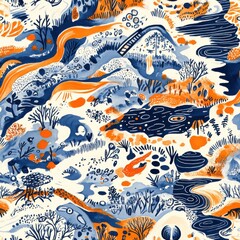 Dynamic watercolor doodle artwork depicting a lively natural landscape with rivers, mountains, and wildlife