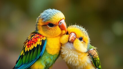 Adorable baby elephant with colorful birdies perched on his head, showcasing a heartwarming bond between two unlikely friends, colorful, baby animal, friendship