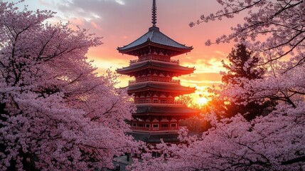 Fototapeta premium Japanese Pagoda Sunset with Cherry Blossoms