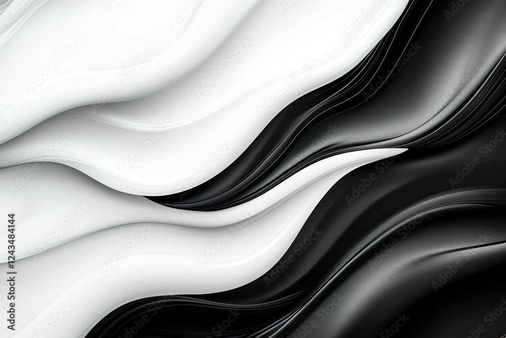 Poster this abstract image features flowing black and white waves, creating a dynamic and modern visual eff