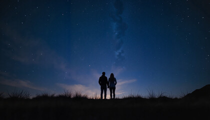 Fototapeta premium Couple holding hands under starry night sky