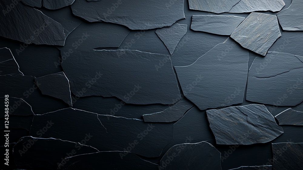 Poster This image features a close-up view of a textured slate stone wall. The rich, dark colors and unique stone patterns create an elegant and modern architectural element.