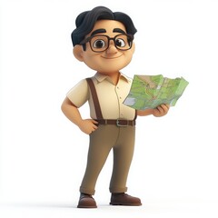 Cartoon character examining a map while standing confidently in a neutral pose