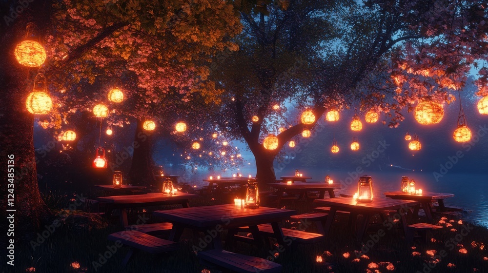 Aufkleber creative composition of picnic tables illuminated by lanterns beside a tranquil lake during dusk