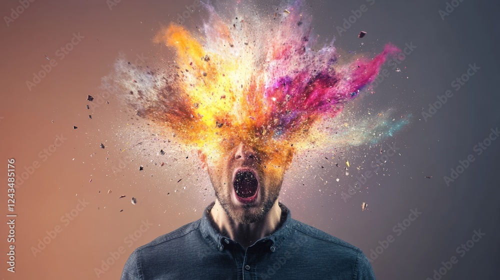 Poster Man experiencing information overload and burnout, symbolized by a colorful explosion erupting from his head, expressing the intense pressure and mental strain of excessive thinking and stress
