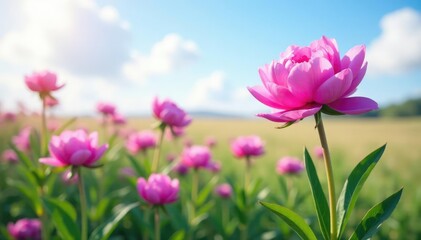 Fototapeta premium stunning purple peony blooms in a field of tall grass and sky on pale light purple ground, peonies, blossom