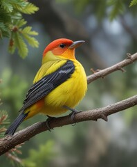 Fototapeta premium Tranquil scene of western tanager resting on tree limb, feathered friend, calm, avian beauty, quiet, contemplative