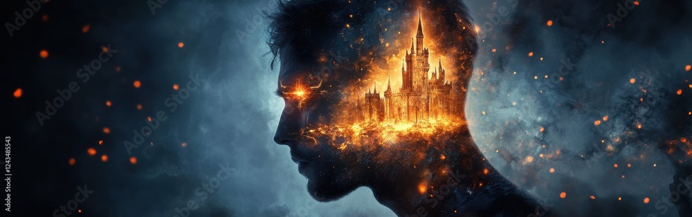 Aufkleber conceptual depiction of a man with an illuminated landscape emerging from his mind in a mystical atm