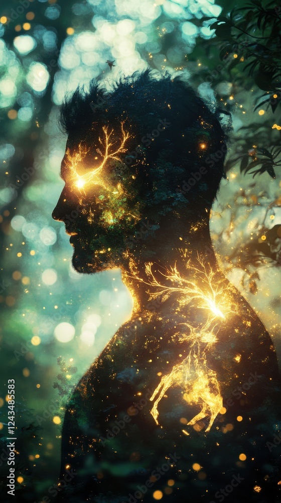 Poster glowing man surrounded by nature with mystical elements at dusk