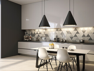 Modern Minimalist Kitchen with Geometric Tile Backsplash and White Cabinets