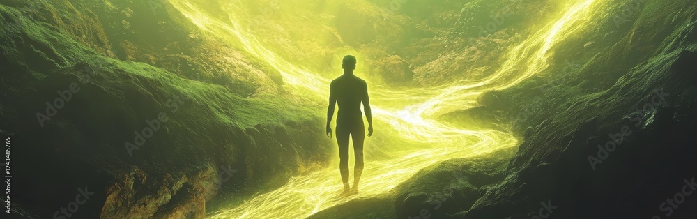 Leinwandbilder man surrounded by glowing light in a mystical forest setting during twilight hours