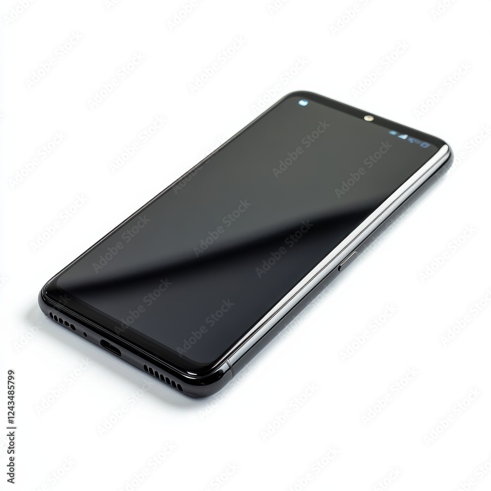 Poster Compact black smartphone with a glowing display resting on a surface in a well-lit environment