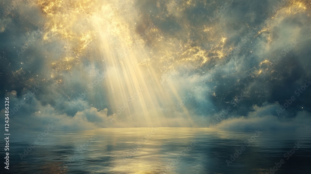 Poster celestial golden light illuminates soft clouds over a tranquil sea during twilight hours