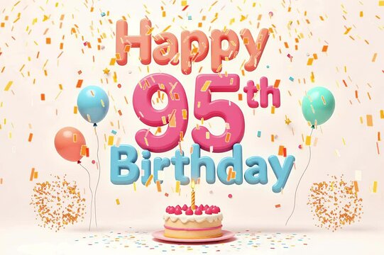 Animated 3D Happy 95th Birthday background video in pastel theme with floating balloons, lit candles, fireworks, and confetti shower
