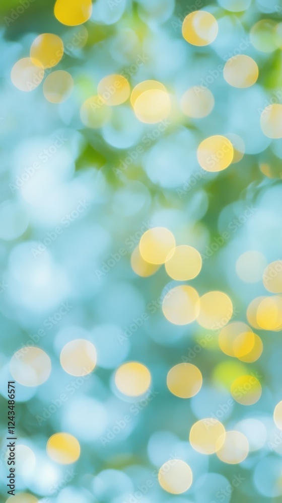 Poster bright bokeh composition featuring soft yellow and blue orbs in a tranquil outdoor setting during da