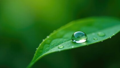 A delicate droplet of dew glistening on a leaf, detail, reflection, element