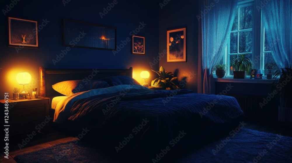 Poster cozy bedroom with deep navy walls and soft bedding creates a relaxing atmosphere in evening light